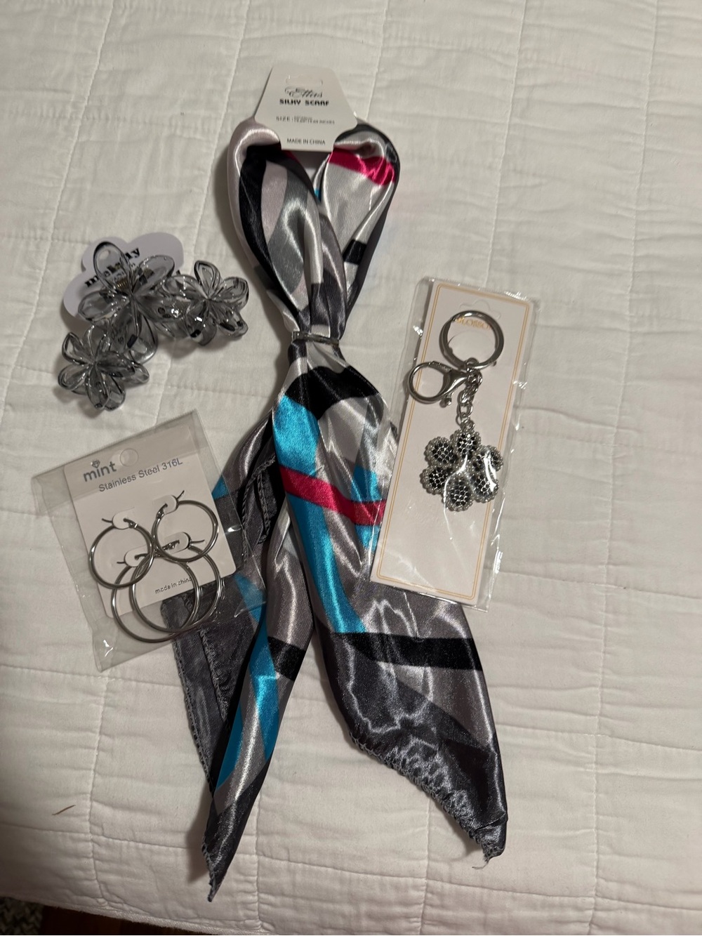 Silky Scarf, Hoop Earrings & Floral Accessory Gift Bundle – 4-Piece Set